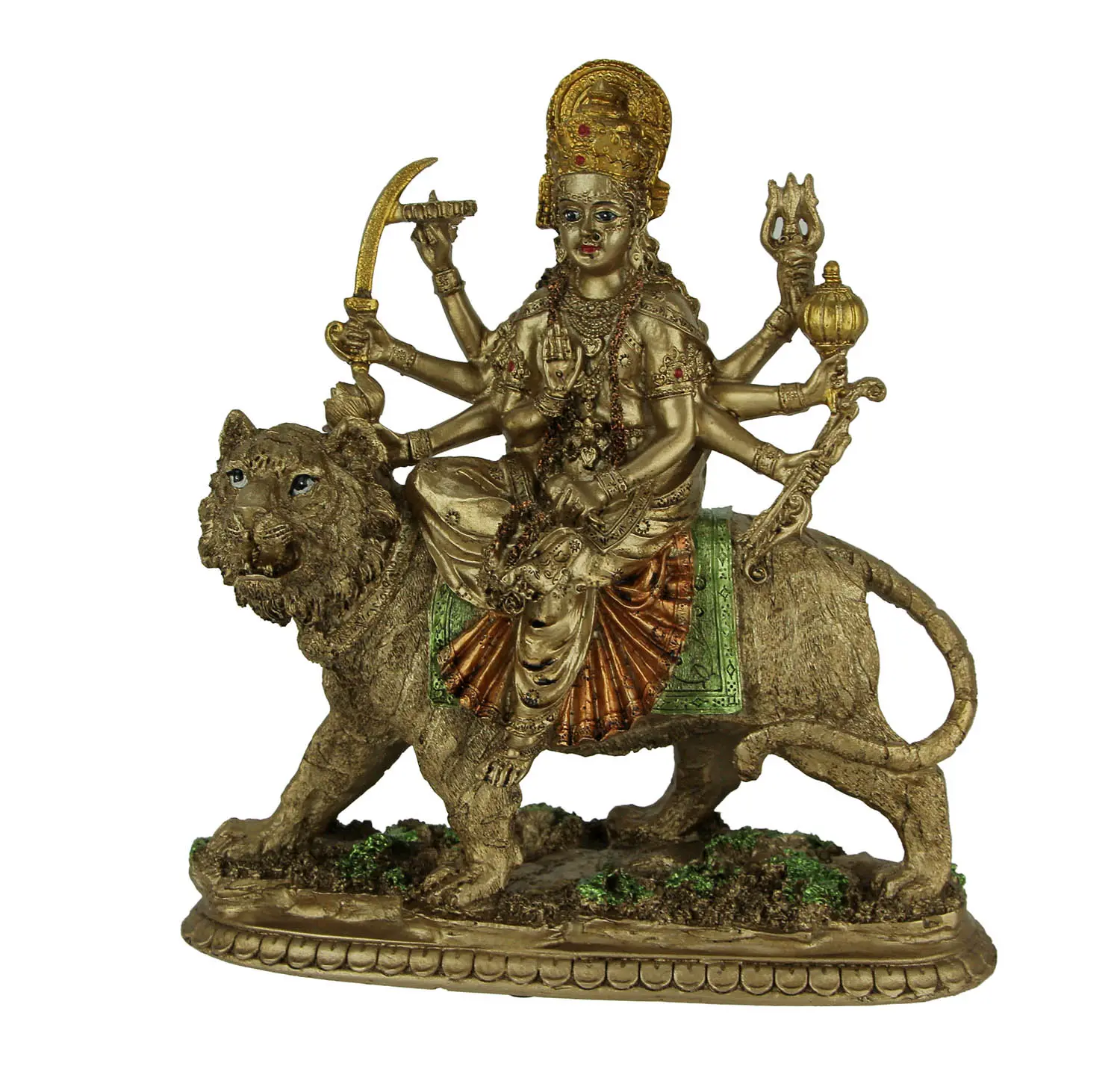 Goddess Durga Bronze Resin Statue - Hindu Goddess Riding a Tiger, Symbolizing Strength, Power, and Spiritual Grace, 9.5 Inches High