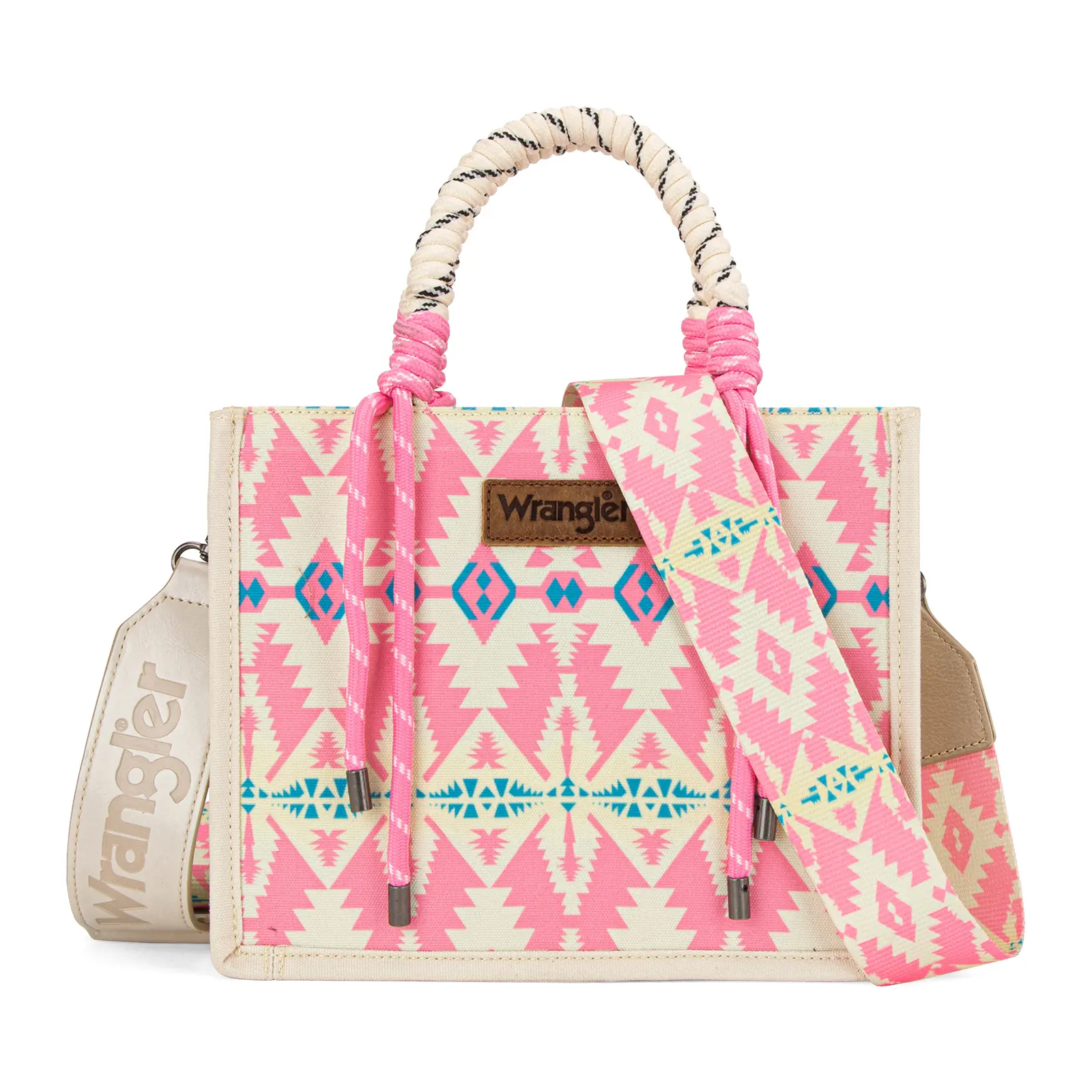 Wrangler Western Satchel Bags for Women with Braided Rope Handle Boho Bag Multi-Pocket Cactus Weekender Tote Handbag Sturdy Casual Purse Cowboy Print