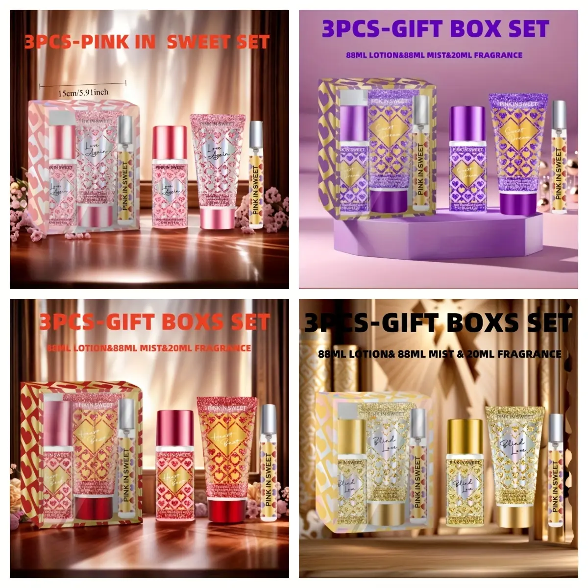 A 3-PCS Gift Box SET- 2.98oz Moisturizing Cream And Body Spray For Women, 0.68oz Portable Small Perfume - Sweet Fragrance Perfume Spray, Long-lasting Fresh Scent Perfume, Date, Party And Gift