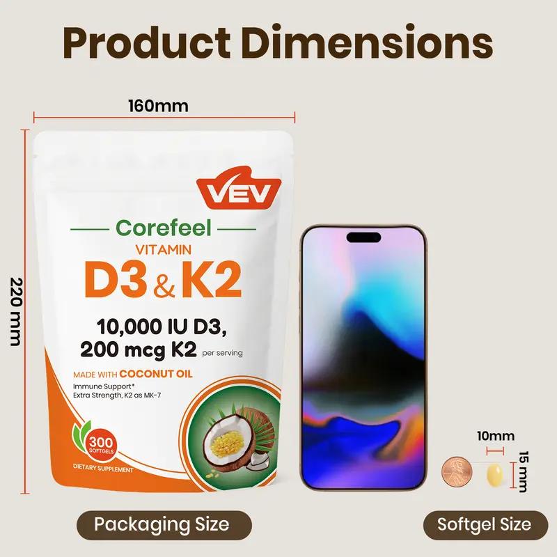 VEV 2-in-1 Vitamin Supplement D3 10000 IU & K2 200 mcg with Virgin Coconut Oil 300 Softgels for Immune Support Extra Strength MK-7