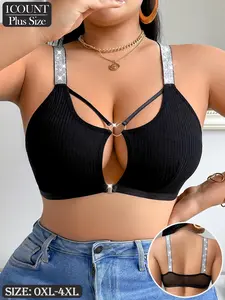 [Plus Size] Glitter Ribbed Wireless Bralette, Casual Comfortable Breathable Bra for Daily Wear, Women's Plus Size Lingerie for All Seasons, Ribbed Bras, Underwear