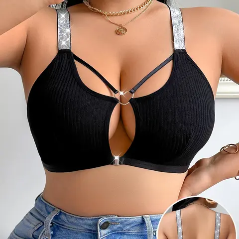 [Plus Size] Glitter Ribbed Wireless Bralette, Casual Comfortable Breathable Bra for Daily Wear, Women's Plus Size Lingerie for All Seasons, Ribbed Bras, Underwear, Breathable Comfy Bra
