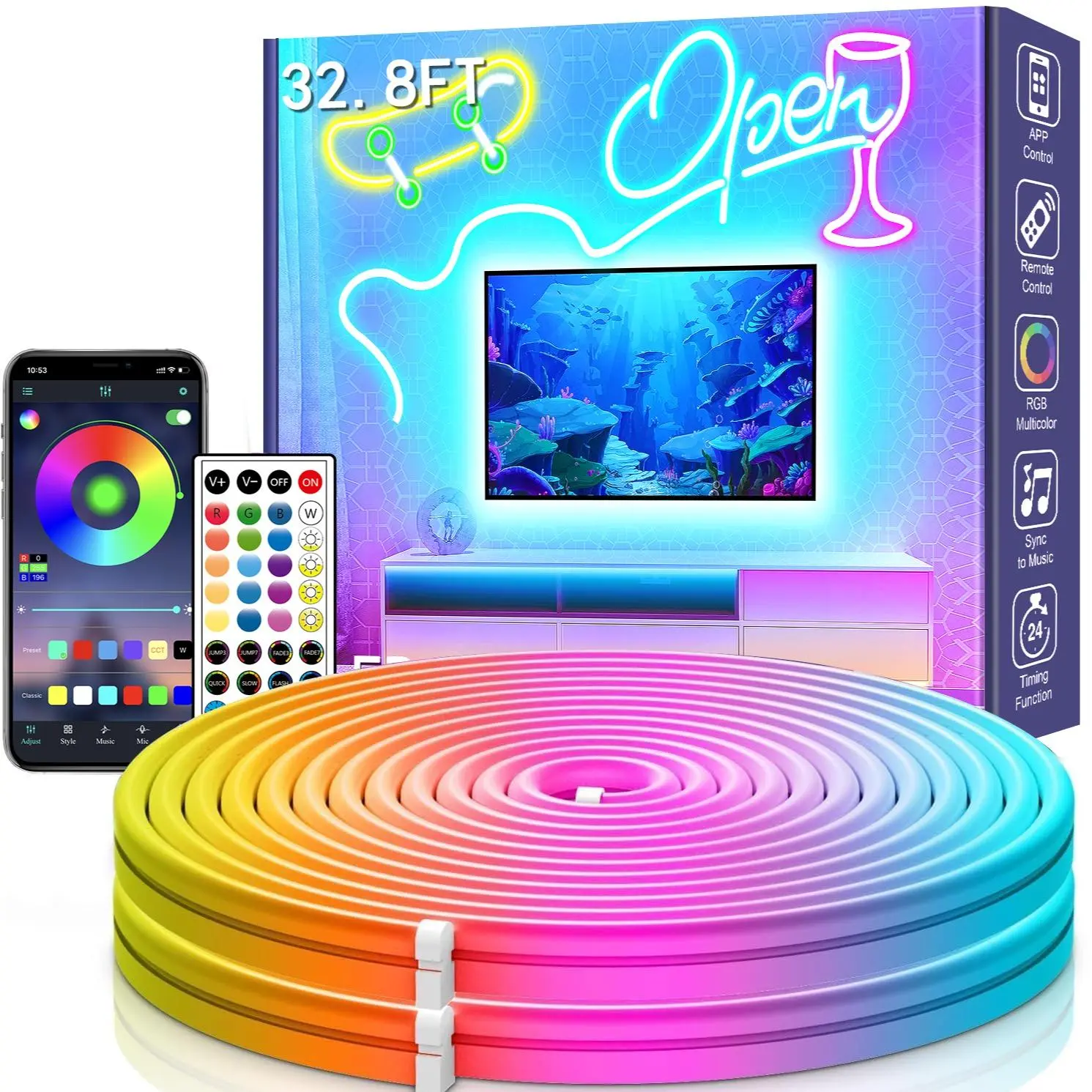 ARTBLEPRO LED Neon Rope Lights 32.8FT RGB Music Sync IP65 Waterproof Flexible Strip Light with App Remote Control for Bedroom Gaming Room Decor Rgb Lighting