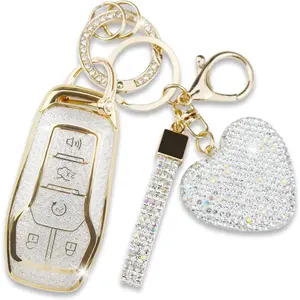 Key Fob Cover with Heart Keychain, Girly Car Key Shell Case for Women, Compatible with Ford Fusion Mustang F150 Edge Explorer Lincoln MKZ MKC MKX Smart Remote Key Protector (5 Buttons-White)
