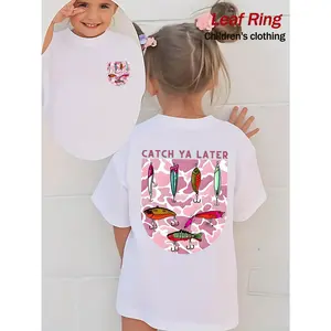 100% Cotton Girls' Fishing Theme T-Shirt - Pink Camouflage Print, Loose Short Sleeve Round Neck Top for Summer Outdoor Activities, Breathable Casual Playwear for Kids and