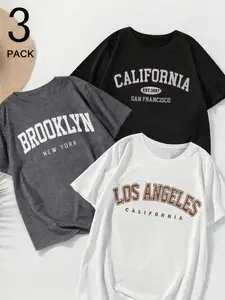 3PCS Plus Size Women’s Letter Print Graphic T-Shirts – Casual Round Neck Short Sleeve Tees, Stretch Comfortable Everyday Outfit Tops for Curvy Women