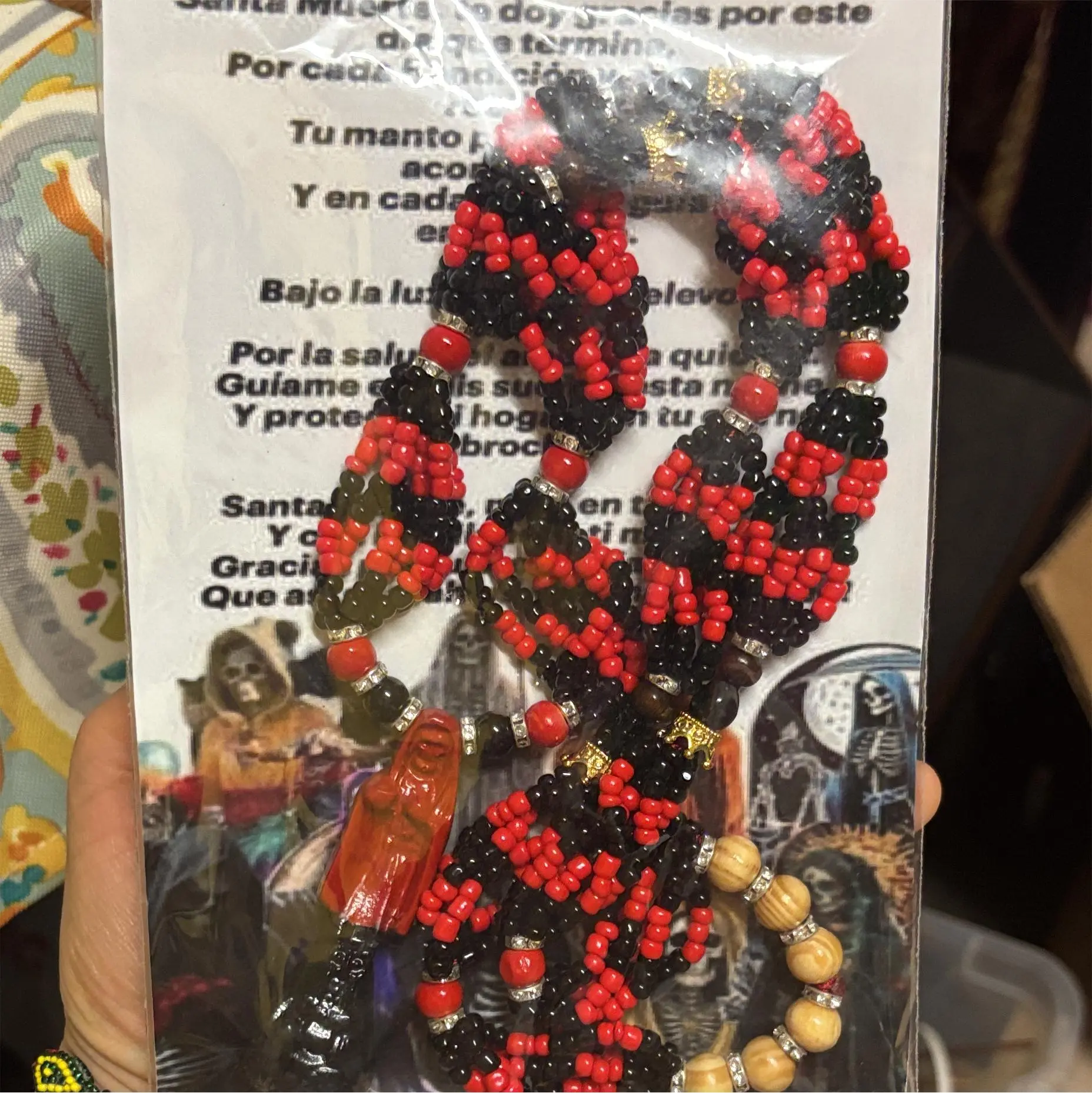 Ethnic Santa Muerte Bead Mazo - 6-Threads Reversible Design, Exceptional Quality, Spanish Prayer Included, Santita Comes Charged