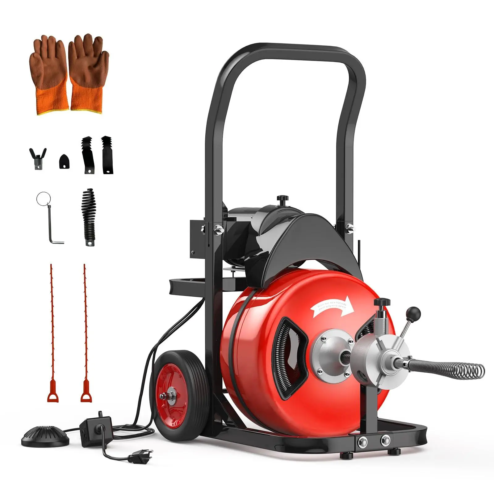 100Ft 3/4 Inch Electric Drain Cleaner Machine, 750W Auto Feed Sewer Snake Drain Auger with 6 Cutters & Air-Activated Foot Switch, Portable Electric Drain Cleaner for 4" to 8" Pipes, Steel Core