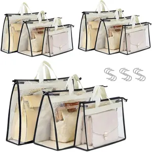 9 Pack Clear Dust Bags for Handbags, Zippered Hanging Purse Cover Storage Organizer for Closet