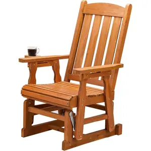 Karlhome Outdoor Glider Chair Wood Patio Glider with Cup Holder, Porch Glider with Smooth Rocking Mechanism, Heavy Duty 600 LBS
