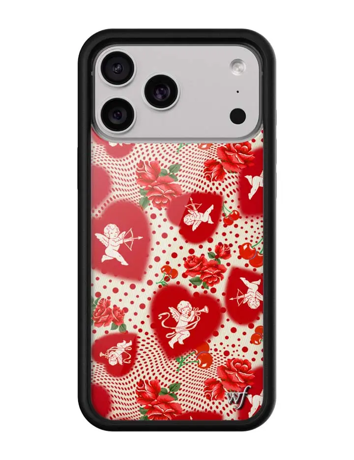 FLL Cupid Dot | Limited Edition Trendy iPhone Case | Raised Protective Black Bumper | Women Owned Small Business | White Background Red Polka Dots and Red Hearts Cherries Roses | Safety Casing Protective | Gift for Her