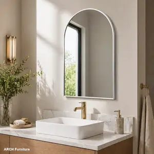 24x36 Inch Modern Silver Metal Aluminium Framed Arched Bathroom Glass Mirror, MDF-Backed Wall Mirror for Home Improvement Bathroom Decor with Easy Installation (W2203134098) Box
