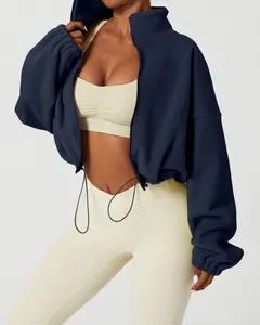 Women's Full Zip Fleece Jacket Stand Collar Winter Warm Cropped Outwear Baggy Sherpa Short Coat Navy