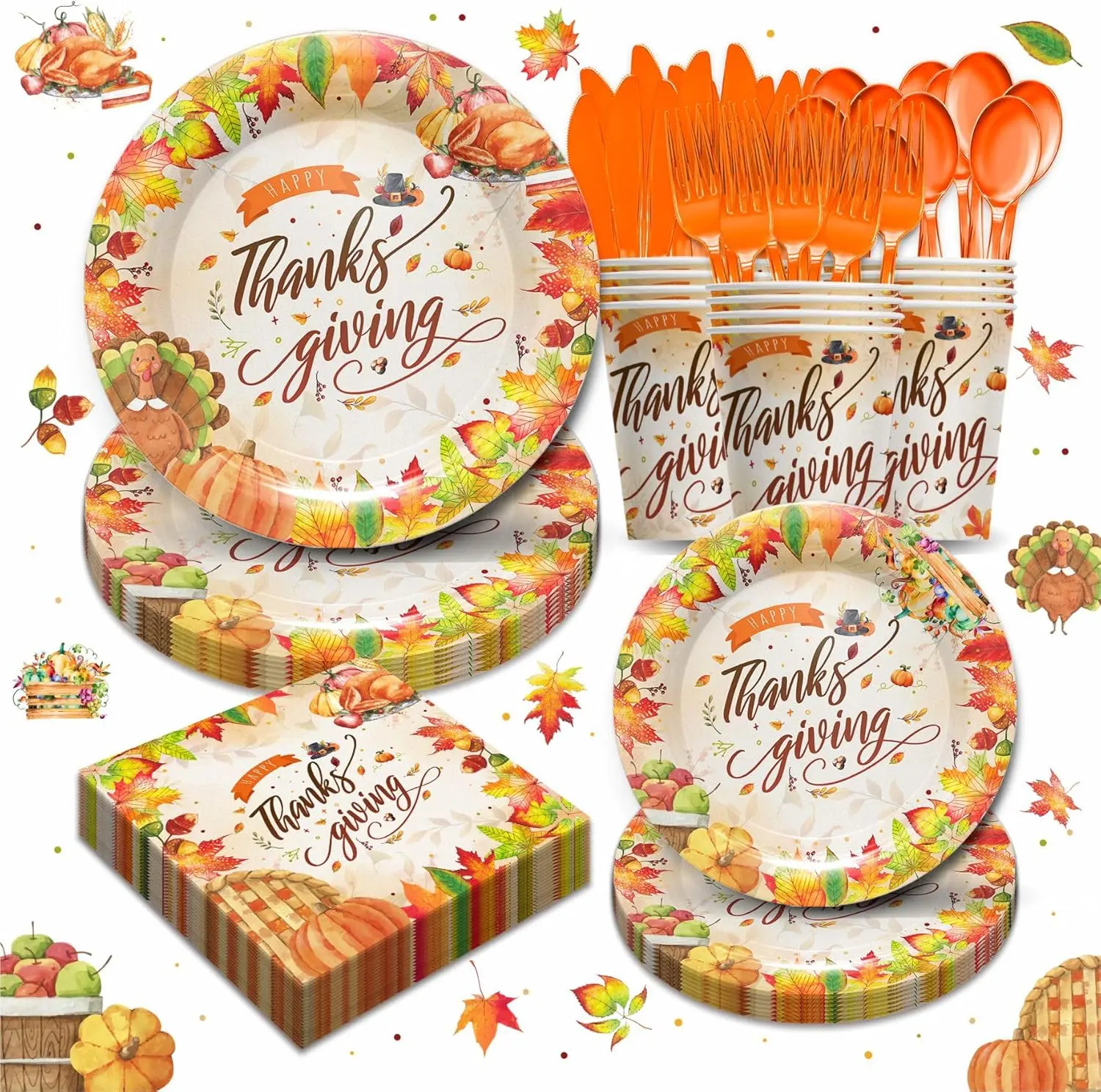 Disposable Tableware Kit - 24-Serve Thanksgiving Party Supplies for Home Festive Occasions, Includes Plates, Napkins, Cups, Cutlery, Maple Leaf Fall Decorations