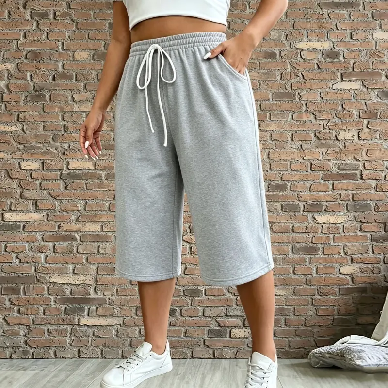 Women’s Spring/Summer Athletic Shorts - Athletic Wear with 7/8 Length Wide Legs, Drawstring Mid-Rise Waist, Elastic Waistband, Loose Fit for Running, Fitness, Daily Use (Solid Plain)