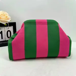 Clutch Purses for Women Woven Crochet Handbags Dumpling Hobo Colorblock Bag in Pink and Green Stripes Stylish and Functional
