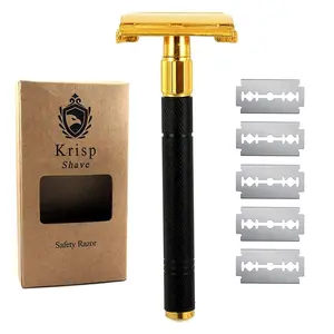 Krisp Beauty 4" Long Handled Double Edge Safety Razor, Butterfly Open Men Women Shaving Razor with 5 Double Edge Razor Shaving Blades Provides Bump Free Wet Shave Comfort Gold