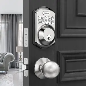TE001K Keyless Entry Door Lock with Handle,  Keypad Deadbolt with 2 Knobs, High- Front Door Handle Set for Home & Rental,  Auto-Locking, Easy Install, Satin Nickel