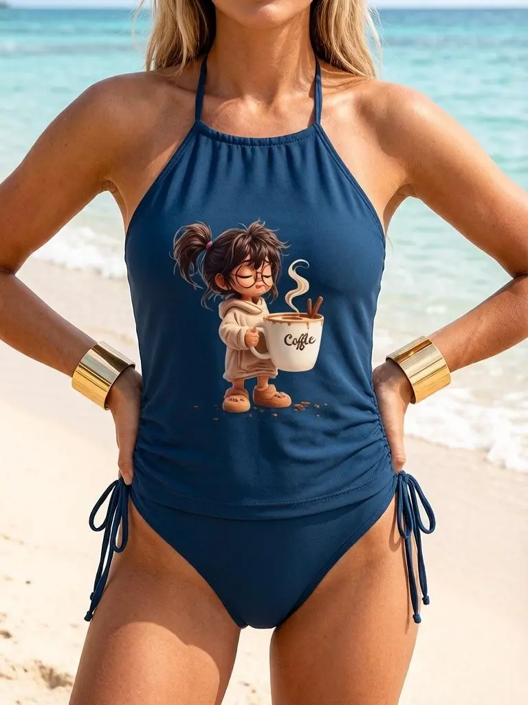 Women’s Viral TikTok Coffee Lover 2-Piece Elastane Tankini Bikini Set, Dark Navy, Halter Tie Neck Ruched Side Drawstring Top, Chibi Print Cute Glasses Girl Holding Hot Coffee Mug, High-Cut Cheeky Bottoms, Poolside Swim