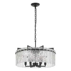 Black Crystal Chandeliers for Dining Room 6-Light, 22” Modern Water Ripple Glass Light Fixture, Farmhouse Round Lighting for Kitchen Island, Bar Table