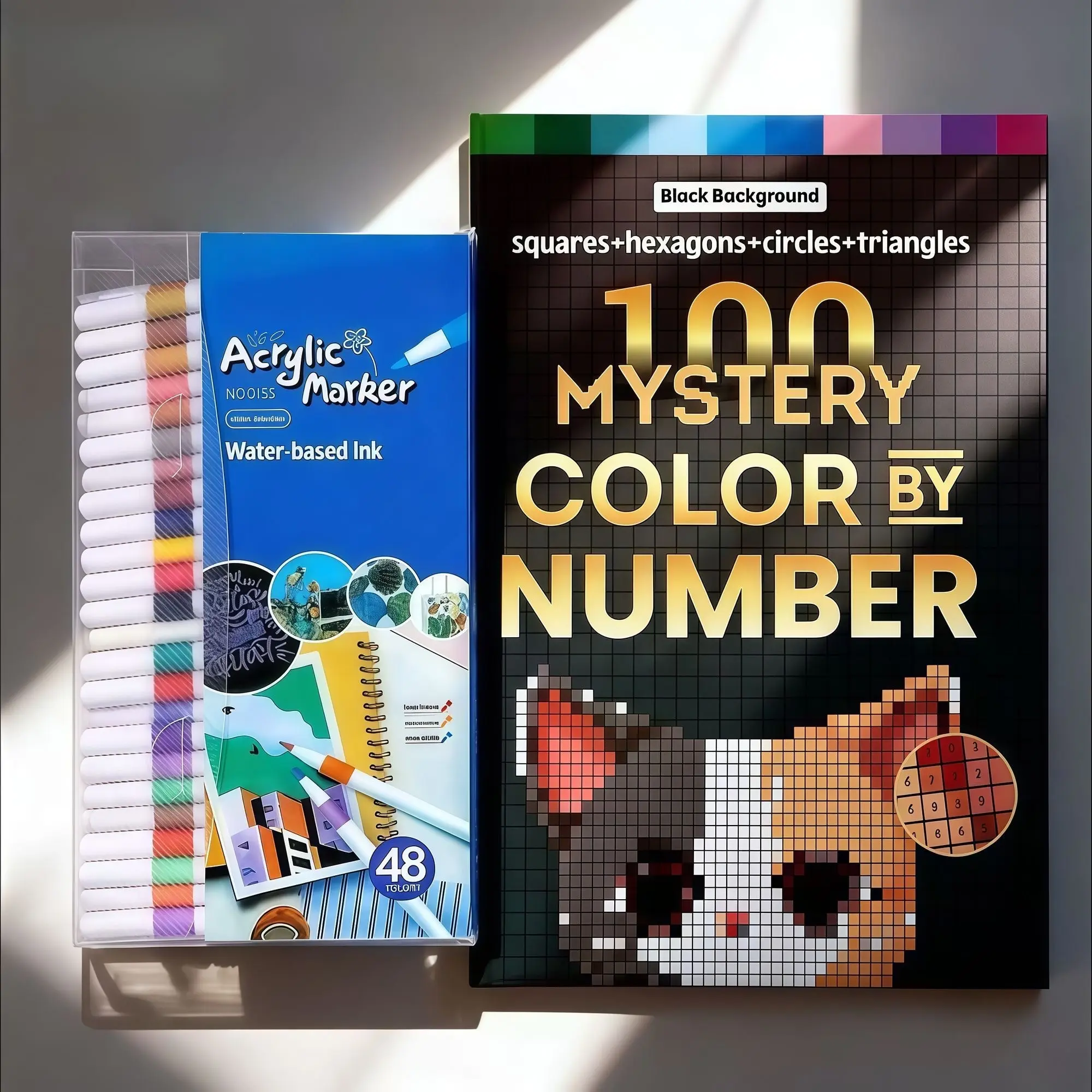 Adult Coloring Book Set with 48 Watercolor Pens, 204 Pages Mystery Color by Number, Perfect Gift for Relaxation and Creativity