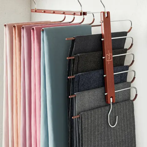 MORALVE Pants Hangers Space Saving - European Beechwood Hangers for Clothes Hanger Organizer - Jean Hangers Pants Rack Scarf Hanger - Closet Space Saving Magic Pants Hangers Pant Organizer