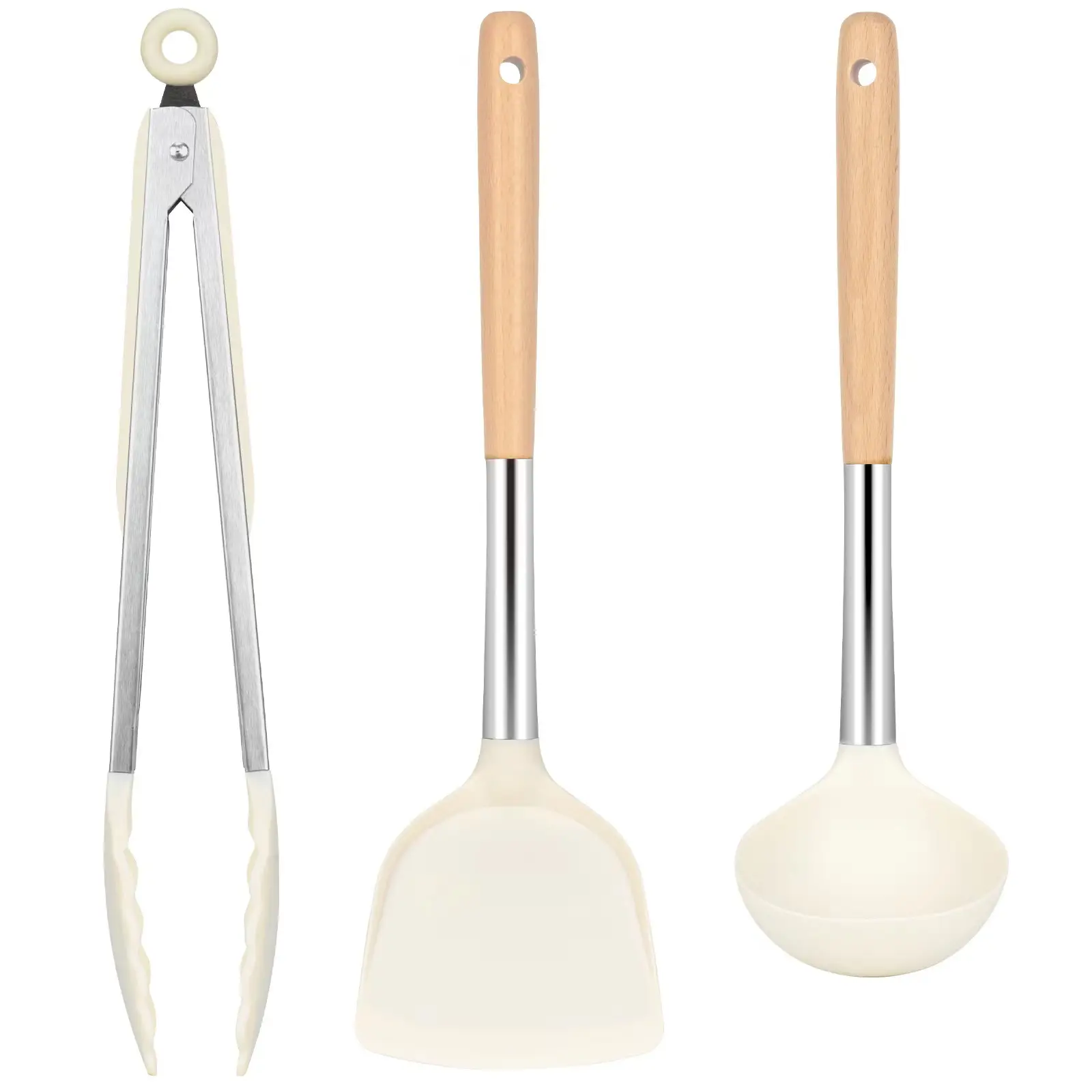 SODAY Silicone Cooking Utensils Set for Kitchen,446°F Heat Resistant 3pcs Non-Stick Cooking Set with Wooden Handle Spatula Turner Spoon Tongs Nonstic