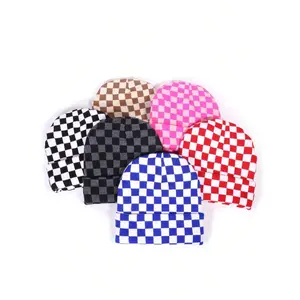 1pc Unisex Checkerboard Knit Beanie Hat, Rolled Brim, Casual, Versatile, Outdoor, Street Fashion, Warm, Multi-Color, Suitable For Daily Wear For Men And Women