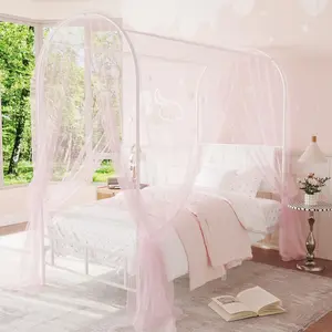 White Metal Twin Canopy Bed Frame with Four Posters Upholstered Headboard Strong Steel Slats Support No Box Spring Needed for Kids Children