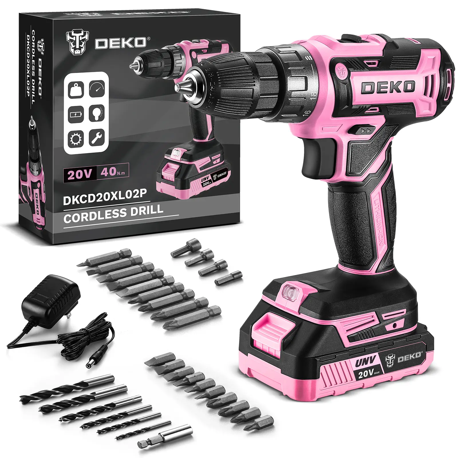 "DEKO 20V Cordless Power Drill Set – Compact & Powerful Electric Drill Kit with 1500mAh Battery, Charger & Bits | Ideal for Home DIY & Professional Us