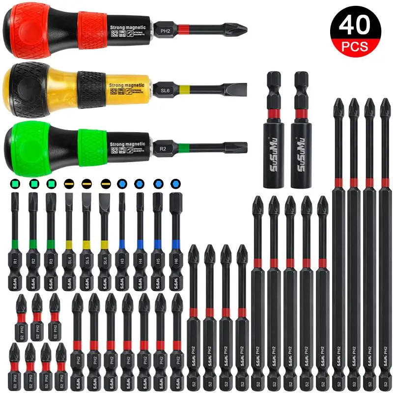 Impact Drill Bit Set with Screwdriver Handle, PH2 1/4 Inch Hex Shank Cross Impact Drill Bit Set for Home Building, Electronic Mechanical Repair, Woodw