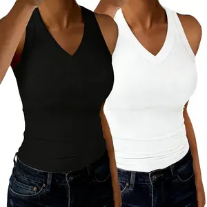 2 Pack Women's V Neck Ribbed Sleeveless Tank Top Stretchy Fitted Basic Cami