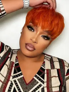 350 Ginger Orange Color Straight Human Hair Wig for Women Pixie Cut Wig Full Machine Made Wig 150% Density 6 Inch