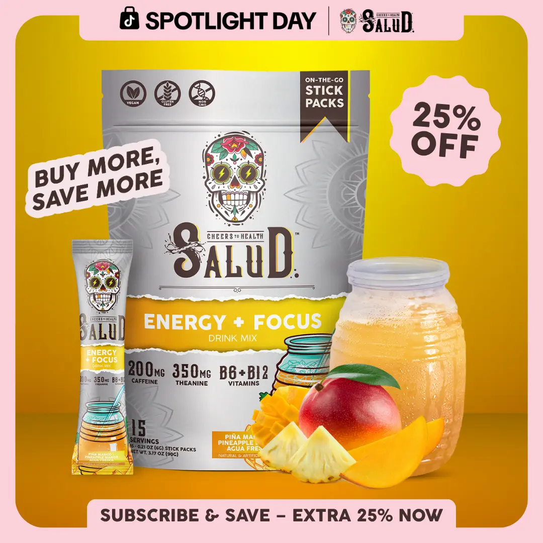 Salud 2-in-1 [Energy + Focus – Piña Mango] Clean Energy Drink Mix, Agua Fresca, Organic Caffeine (200mg), L-Theanine (350mg), B6 & B12, Non-GMO, Gluten Free, Vegan, Low Calorie, 1g Sugar (15 Servings)