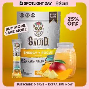 Salud 2-in-1 [Energy + Focus – Piña Mango] Clean Energy Drink Mix, Agua Fresca, Organic Caffeine (200mg), L-Theanine (350mg), B6 & B12, Non-GMO, Gluten Free, Vegan, Low Calorie, 1g Sugar (15 Servings)