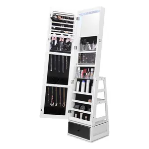 【DealsForYouDays】VEVOR Mirror Jewelry Cabinet,  , 360° Swivel Standing Mirror with Storage, Lockable Jewelry Mirror Organizer with Full Length Mirror, Velvet Lining, LED Light, Drawer, Freestanding Jewelry Armoire, White