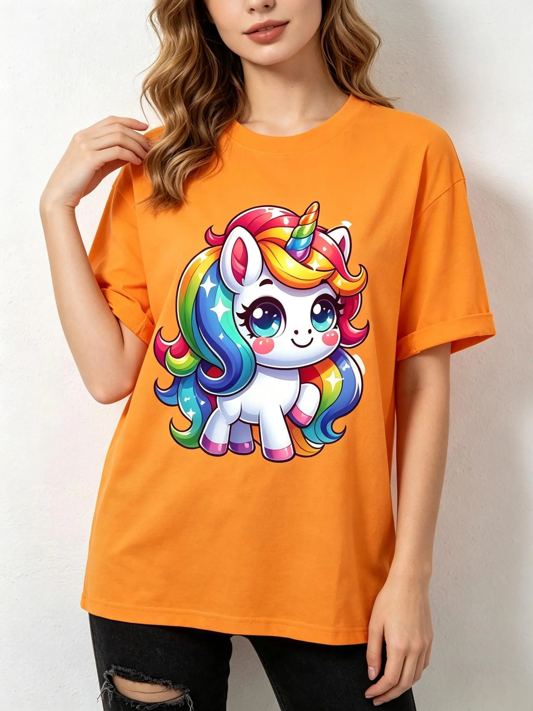 Women's Cotton Casual Short-Sleeve T-Shirt - Comfortable Fabric, Cute Rainbow Mane Sparkle Unicorn Cartoon Design, Ideal for Beach Wear