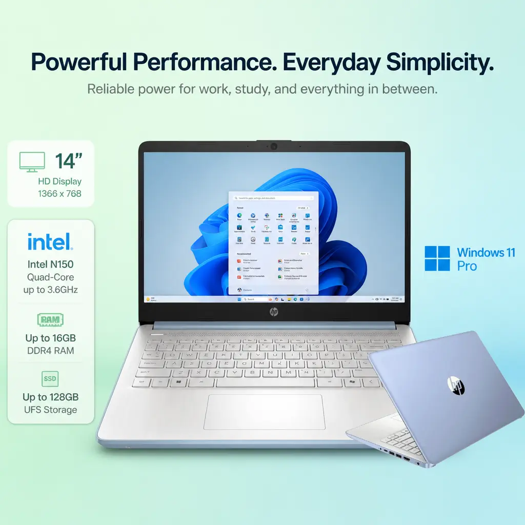 HP 14 Inch Laptop for Students and Business, Intel Quad-Core Processor N150 ,DDR4 Up to 16GB RAM, 384GB Storage（128GB+256GB SD Card), Long Battery Life, UHD Graphics, Win 11 P
