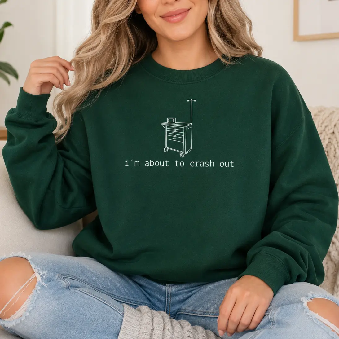 Im About to Crash Out Funny Nurse Graphic Sweatshirt and T-Shirt, Minimalist Medical Crash Cart Line Art Shirt, Funny ER ICU Night Shift Healthcare Worker Nurse Gift Apparel