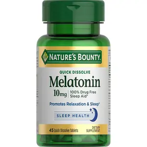 Nature's Bounty Melatonin, 100% Drug Free Sleep Aid, Dietary Supplement, Promotes Relaxation and Sleep Health, 10mg, 45 Quick Dissolve Tablets