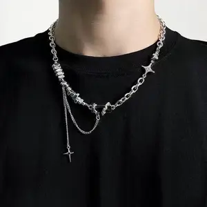 Trendy Star Rhinestone Layered Necklace, Chunky Silver Titanium Steel Chain Choker, Hip Hop Streetwear Everyday Jewelry Gift for Men Teens