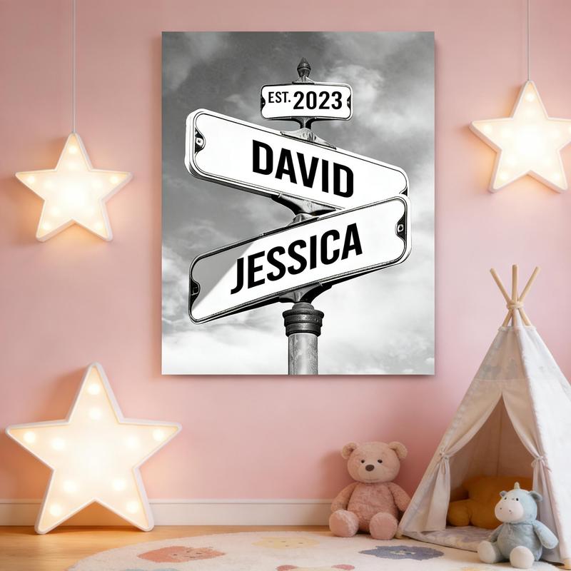 Personalized Vintage Street Sign Canvas for Couples Custom Name Date Crossroad Wall Art Wedding Anniversary Valentine’s Day Christmas Custom Poster Glossy Hand Stretched Ornaments Room Decoration