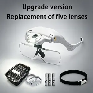 Head-Mounted Magnifier with LED Illumination, 5 Interchangeable Lenses 1.0X to 3.5X, Adjustable Headband, Hands Free Magnifying Glasses with 3 AA batteries for Reading, Jewelry Making, Electronics Repair, Model Building, Craft Hobby