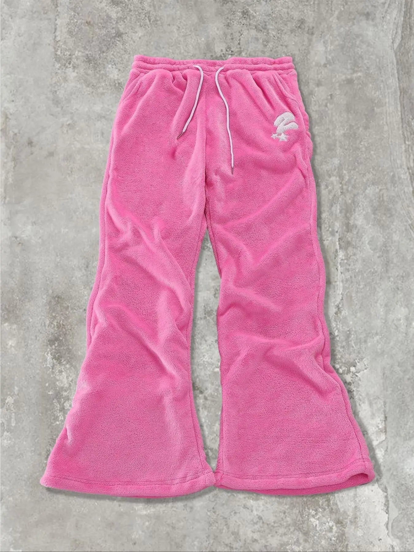 Unisex Solid Color Letter Embroidery Drawstring Waist Fuzzy Sweatpants, Thermal Warm Casual Comfy Pocket Design Flare Leg Trousers for Daily Wear, Unisex Bottoms for All Seasons, Baggy Jogging Pants, Casual Streetwear Pants, Adjustable Drawstring Pants