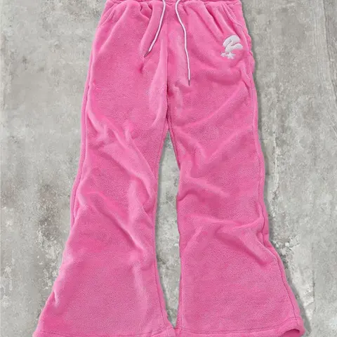 Unisex Solid Color Letter Embroidery Drawstring Waist Fuzzy Sweatpants, Thermal Casual Comfy Pocket Design Flare Leg Trousers for Daily Wear, Unisex Bottoms for All Seasons, Casual Fashion Bottoms