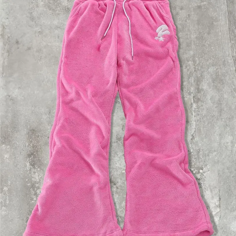 Unisex Solid Color Letter Embroidery Drawstring Waist Fuzzy Sweatpants, Thermal Casual Comfy Pocket Design Flare Leg Trousers for Daily Wear, Unisex Bottoms for All Seasons, Casual Fashion Bottoms