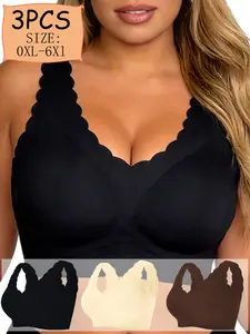 3-Pack Plus Size Wireless Full Coverage Bras, Comfortable Sleep Yoga Sports Bra, Medium Support Backless Casual Lined Underwear, Workout Bras