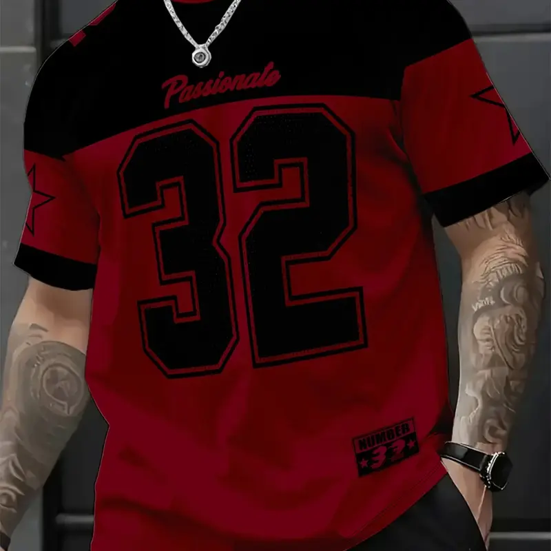 New Men's Casual Round Neck Short Sleeve T-Shirt, Figure & Star Print Football Shirt, Slim-Fitting, Athletic Style, Sporty Tops, Training Shirt, Fitness Shirts, Round Neck Sportswear
