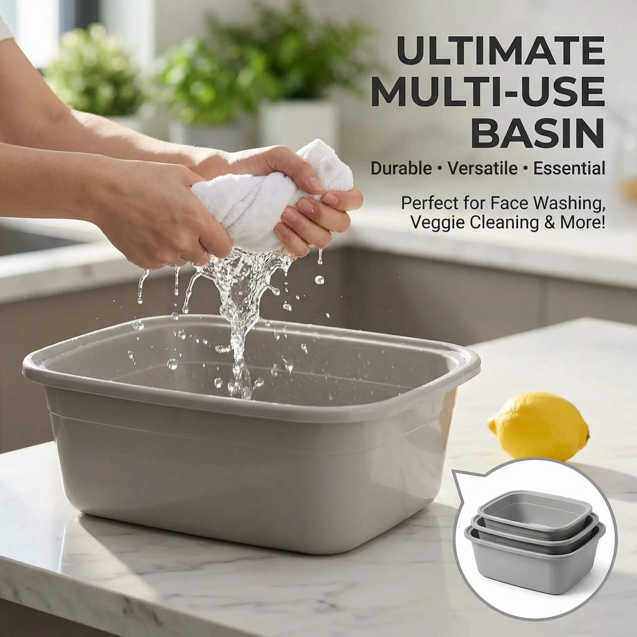 Plastic Dish Pan, Rectangular Wash Basin for Washing Dishes, Laundry, and Cleaning - Heavy Duty Grey Dish Tub for Kitchen Sink, Bathroom, and RV