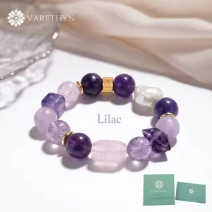 Lilac Divine Feminine Crystal Bracelet Natural Amethyst & Kunzite Chunky Stretch Band Soft Aura Energy Jewelry for Women for Girl